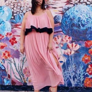 Lane Bryant Pink Pleated Maxi Dress with Black Trim